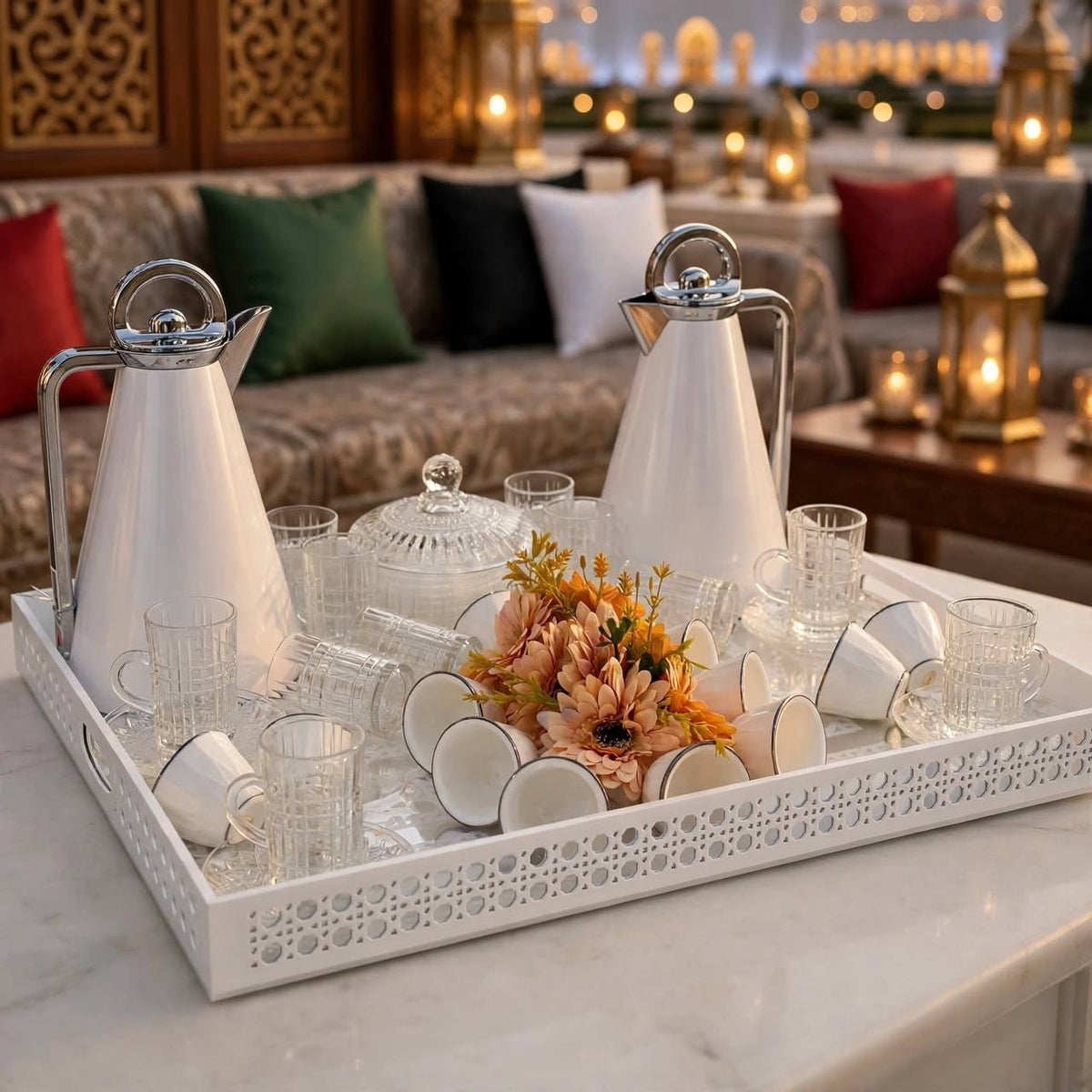 Minimalist White & Chrome Tea & Coffee Hospitality Set with Patterned Tray, Crystal Sugar Pot & Floral Centerpiece