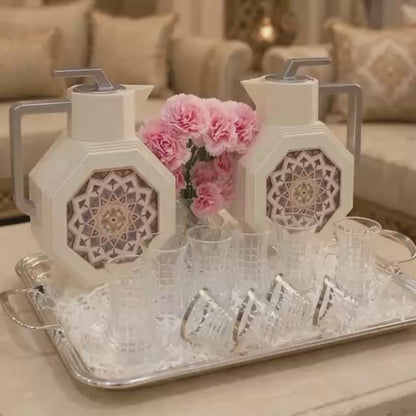 Andalusian Geometric Tea & Coffee Hospitality Set with Silver Stainless Steel Tray & Floral Accent
