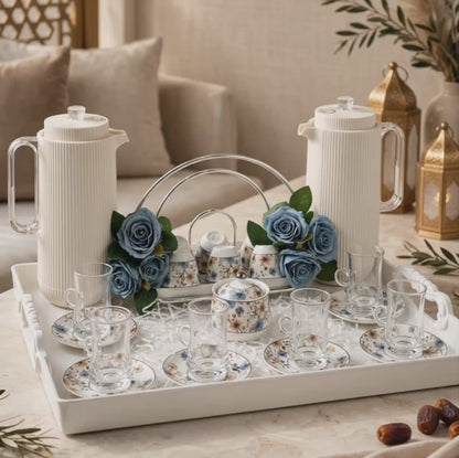 Fluted Cream & Floral Tea & Coffee Hospitality Set with Arched Cup Stand, Sugar Pot & Serving Tray