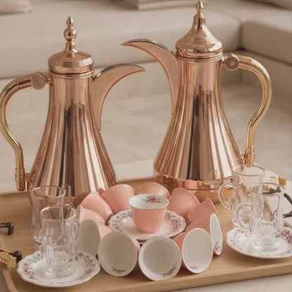 Rose Gold Tea & Coffee Hospitality Set with Blush Cawa Cups, Wooden Tray & Floral Accent