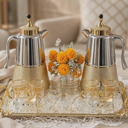 Gold & Crystal Cut Tea & Coffee Hospitality Set with Baroque Serving Tray & Floral Accent