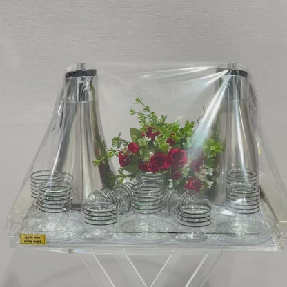 Silver & Black-Striped Glass Tea & Coffee Hospitality Set with Acrylic Tray & Floral Accent
