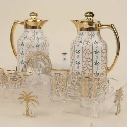 Heritage Gold & Palm Motif Tea & Coffee Hospitality Set with Custom Palm-Leg Acrylic Tray, Covered Date Bowl & Crystal Sugar Pot