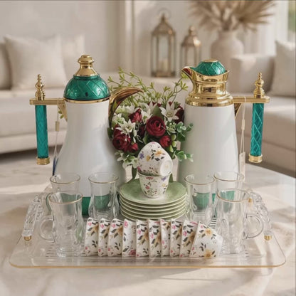 Emerald Green & Gold Tea and Coffee Set with Acrylic Tray & Floral Accent