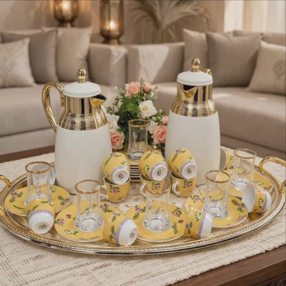 Royal Yellow Floral Tea & Coffee Hospitality Set with Engraved Oval Tray & Floral Accent