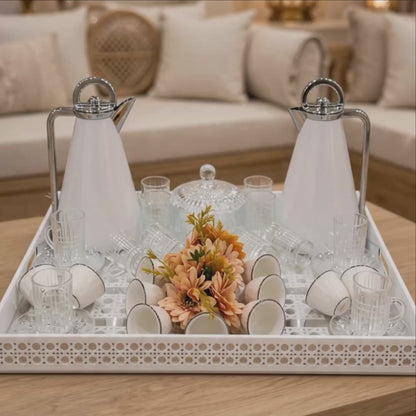 Minimalist White & Chrome Tea & Coffee Hospitality Set with Patterned Tray, Crystal Sugar Pot & Floral Centerpiece