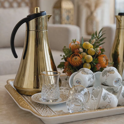 Polished Gold Thermal Tea & Coffee Hospitality Set with Botanical Cawa Cups, Serving Tray & Floral Accent
