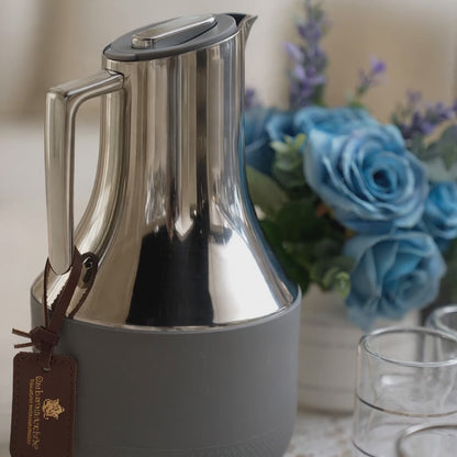 Matte Gray & Chrome Double-Walled Tea and Coffee Set with Acrylic Tray & Floral Accent