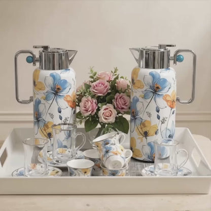Blue Botanical Poppy Tea & Coffee Hospitality Set with White Tray & Floral Accent